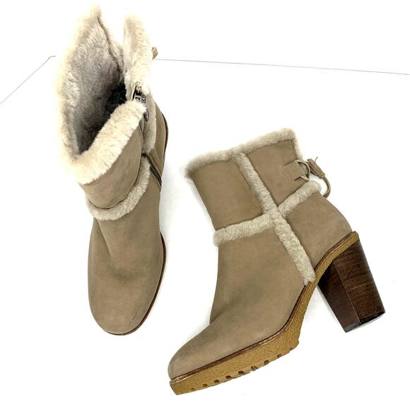 Frye Jen Shearling Short suede snow winter boots block heel beige women's size 7 - Picture 1 of 8